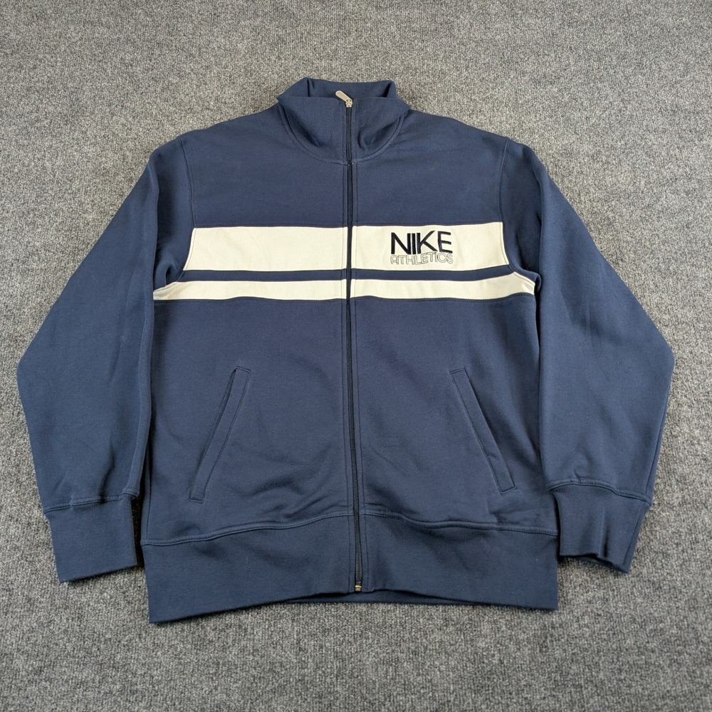 Nike Athletics Fleece Track Jacket Mens L Navy White Stripe Y2K Silver Tag
